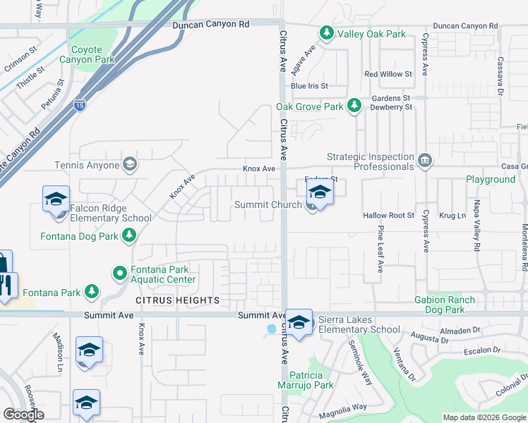 map of restaurants, bars, coffee shops, grocery stores, and more near 5413 Padua Way in Fontana
