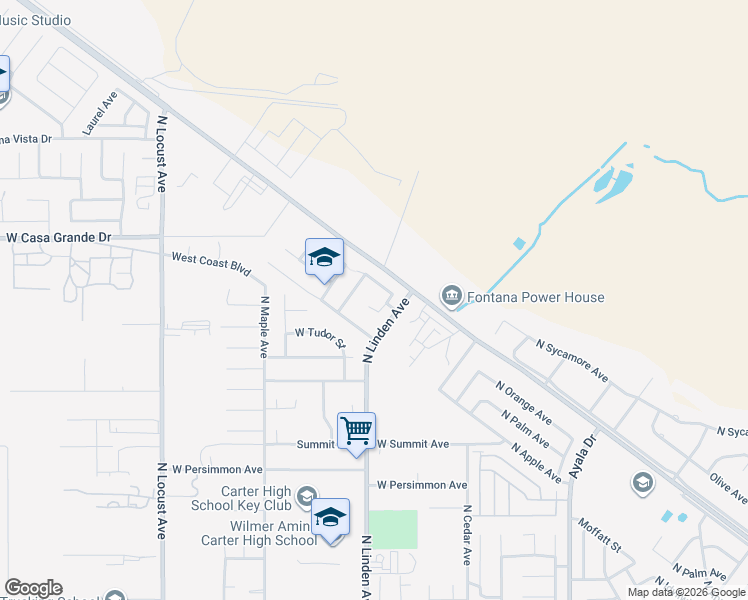 map of restaurants, bars, coffee shops, grocery stores, and more near 1534 West Summerset Drive in Rialto