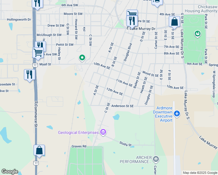 map of restaurants, bars, coffee shops, grocery stores, and more near 212 12th Avenue Southeast in Ardmore