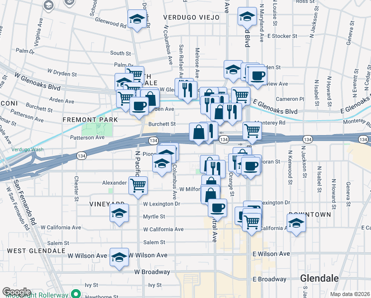 map of restaurants, bars, coffee shops, grocery stores, and more near 343 Pioneer Drive in Glendale