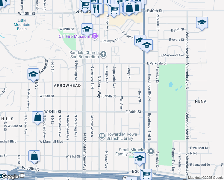 map of restaurants, bars, coffee shops, grocery stores, and more near 3507 North Lugo Avenue in San Bernardino