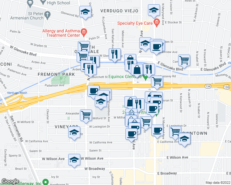 map of restaurants, bars, coffee shops, grocery stores, and more near 350 Pioneer Drive in Glendale