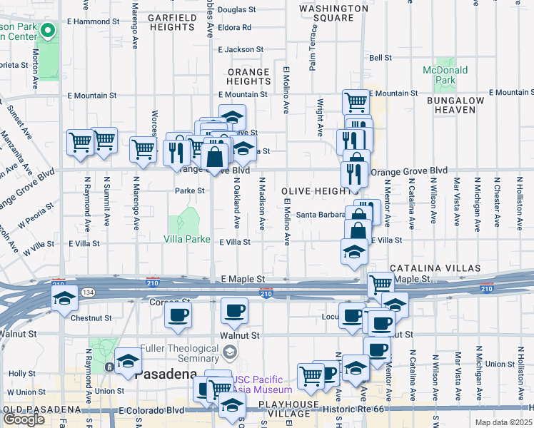 map of restaurants, bars, coffee shops, grocery stores, and more near 532 North Madison Avenue in Pasadena