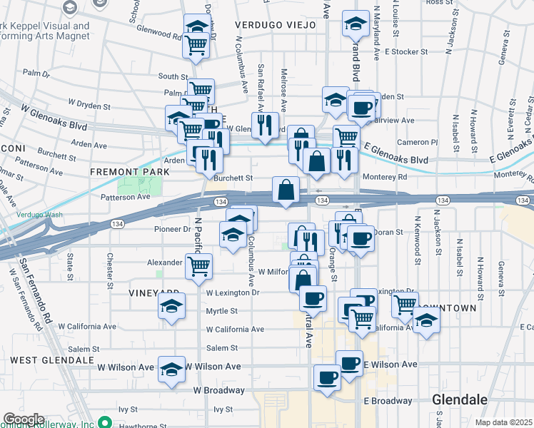 map of restaurants, bars, coffee shops, grocery stores, and more near 345 Pioneer Drive in Glendale