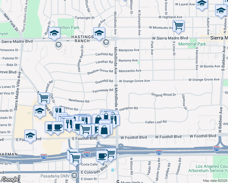 map of restaurants, bars, coffee shops, grocery stores, and more near 525 North Michillinda Avenue in Pasadena