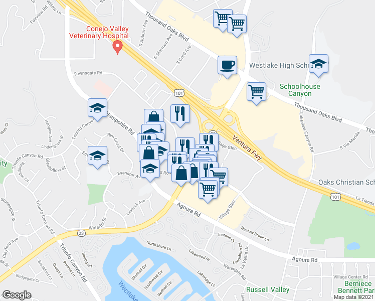 map of restaurants, bars, coffee shops, grocery stores, and more near 875 South Westlake Boulevard in Westlake Village