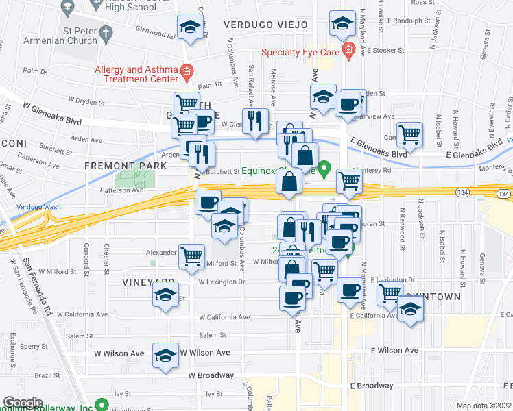 map of restaurants, bars, coffee shops, grocery stores, and more near 350 Pioneer Drive in Glendale
