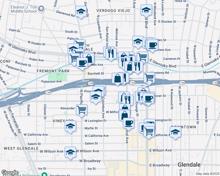 map of restaurants, bars, coffee shops, grocery stores, and more near 345 Pioneer Drive in Glendale