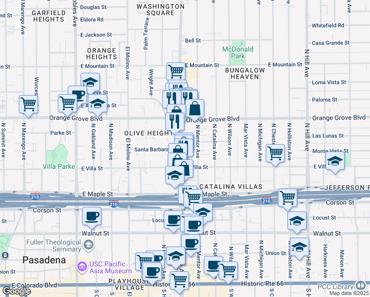 map of restaurants, bars, coffee shops, grocery stores, and more near 519 North Lake Avenue in Pasadena