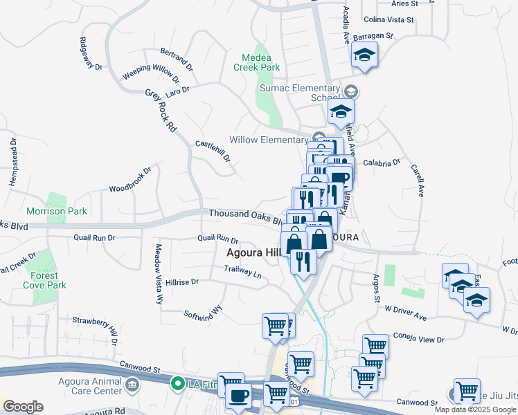 map of restaurants, bars, coffee shops, grocery stores, and more near 5716 Skyview Way in Agoura Hills