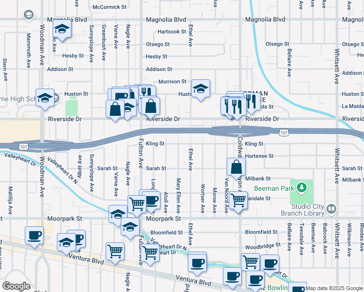 map of restaurants, bars, coffee shops, grocery stores, and more near 4658 Mary Ellen Avenue in Los Angeles