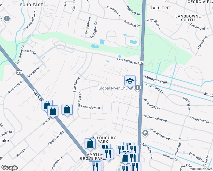 map of restaurants, bars, coffee shops, grocery stores, and more near 4616 South College Road in Wilmington
