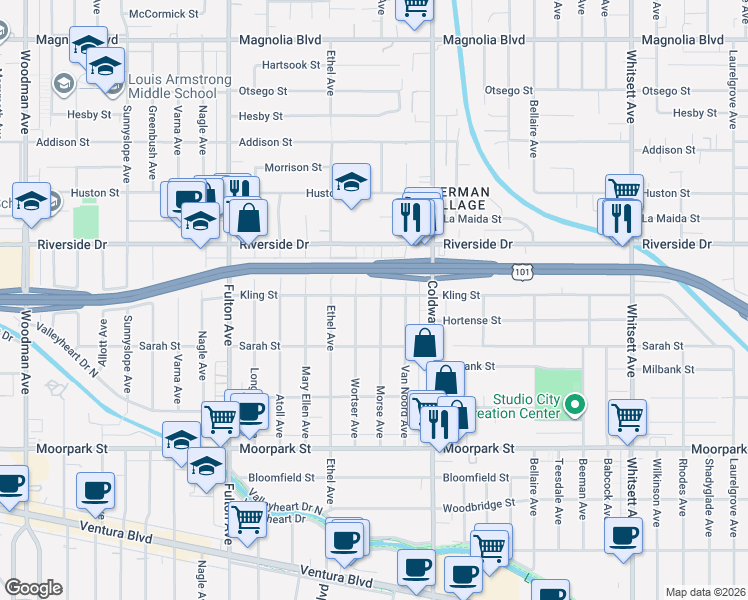 map of restaurants, bars, coffee shops, grocery stores, and more near 4659 Morse Avenue in Los Angeles