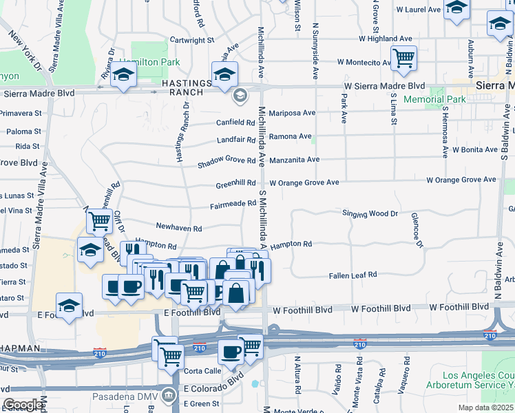 map of restaurants, bars, coffee shops, grocery stores, and more near 525 North Michillinda Avenue in Pasadena