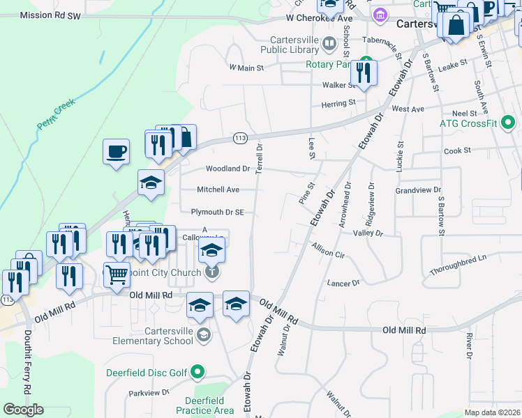 map of restaurants, bars, coffee shops, grocery stores, and more near 306 Terrell Drive in Cartersville
