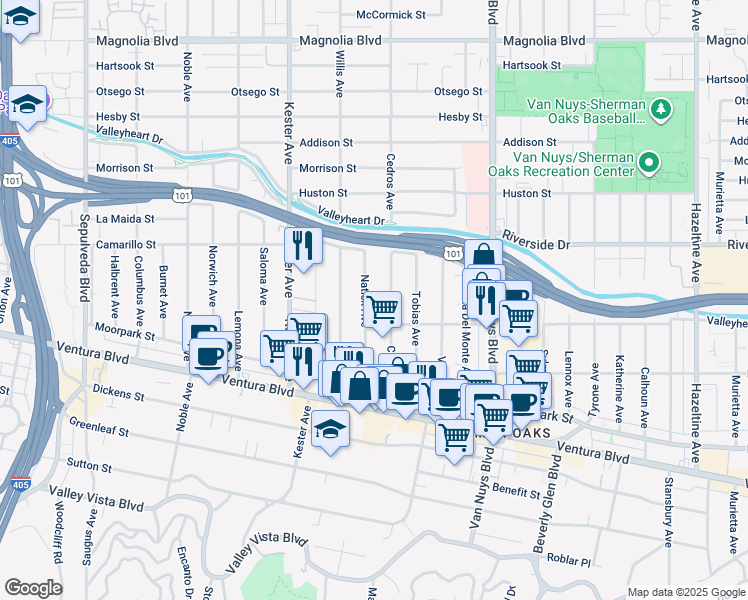 map of restaurants, bars, coffee shops, grocery stores, and more near 4646 Natick Avenue in Los Angeles