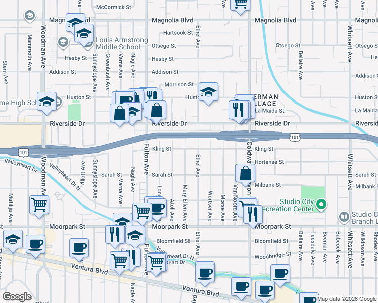 map of restaurants, bars, coffee shops, grocery stores, and more near 4658 Mary Ellen Avenue in Los Angeles