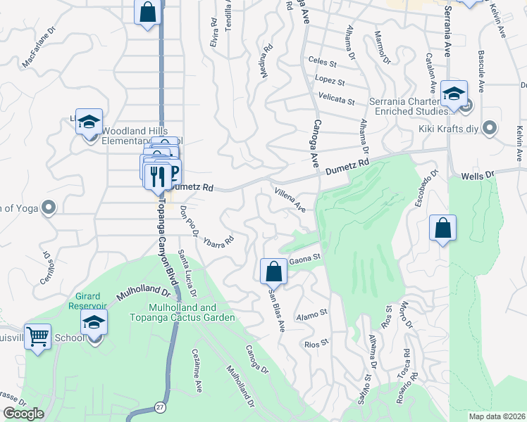 map of restaurants, bars, coffee shops, grocery stores, and more near 21694 Yucatan Avenue in Los Angeles