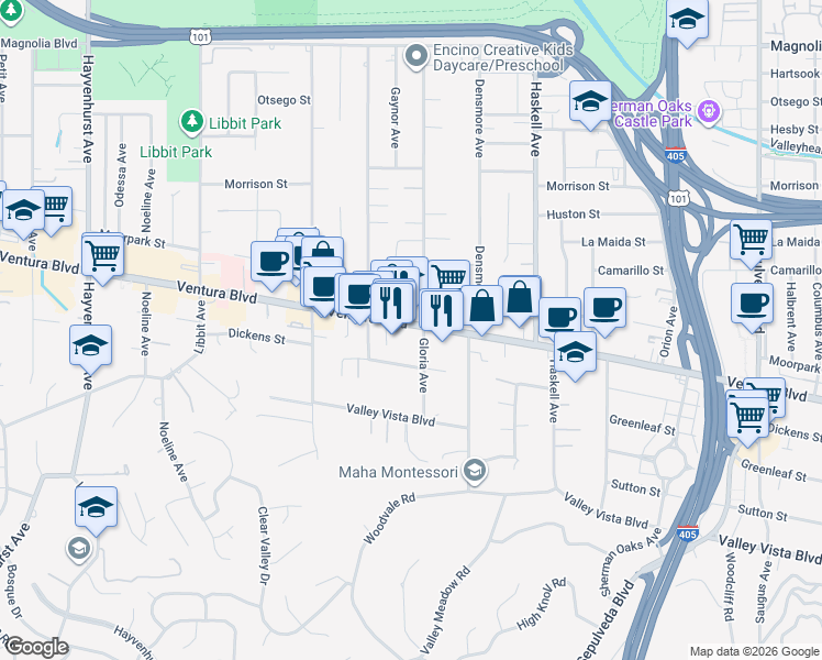 map of restaurants, bars, coffee shops, grocery stores, and more near 15910 Ventura Boulevard in Los Angeles