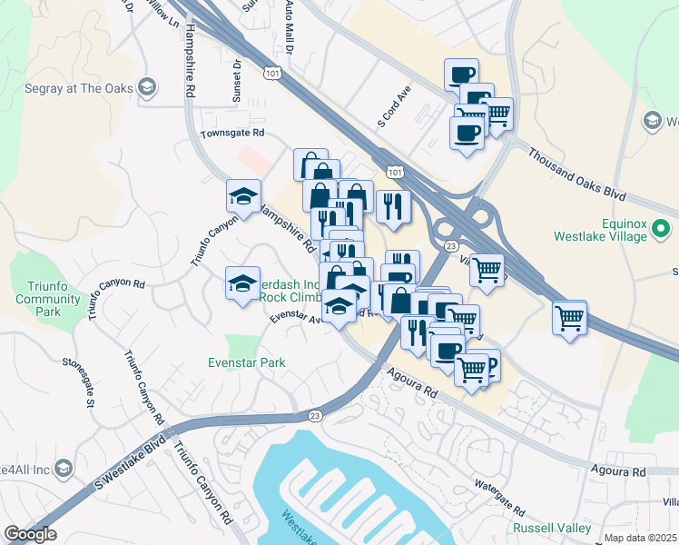 map of restaurants, bars, coffee shops, grocery stores, and more near 870 Hampshire Road in Thousand Oaks