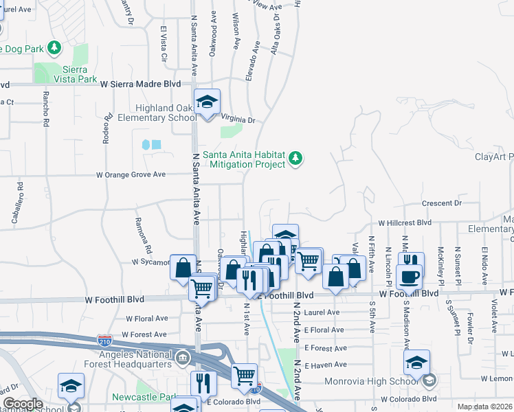 map of restaurants, bars, coffee shops, grocery stores, and more near 1271 Oakglen Avenue in Arcadia