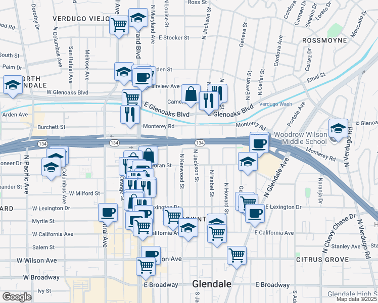 map of restaurants, bars, coffee shops, grocery stores, and more near 620 North Kenwood Street in Glendale