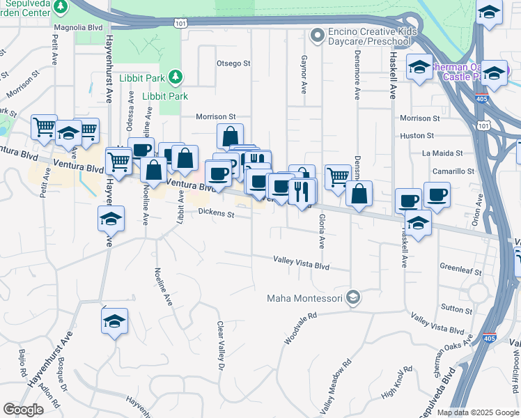 map of restaurants, bars, coffee shops, grocery stores, and more near 4630 Woodley Avenue in Los Angeles
