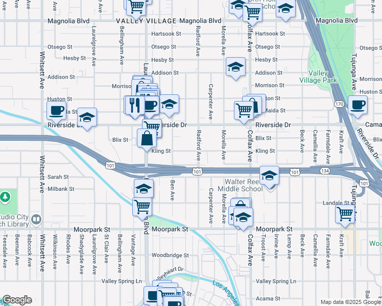 map of restaurants, bars, coffee shops, grocery stores, and more near 11914 Kling Street in Los Angeles
