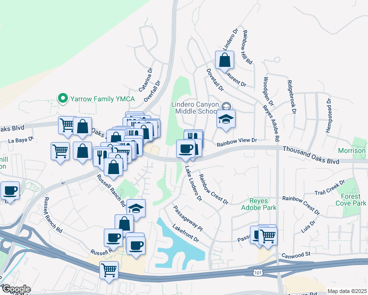 map of restaurants, bars, coffee shops, grocery stores, and more near 5719 Lake Lindero Drive in Agoura Hills