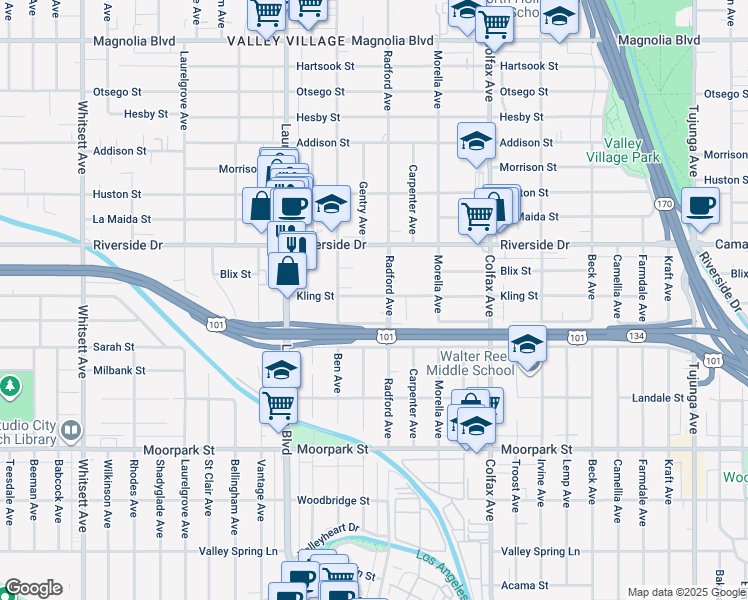 map of restaurants, bars, coffee shops, grocery stores, and more near 11914 Kling Street in Los Angeles