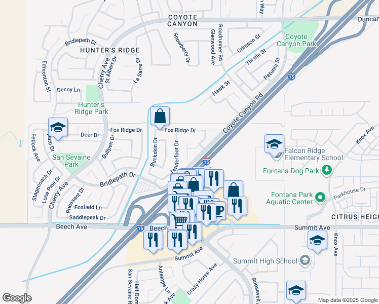 map of restaurants, bars, coffee shops, grocery stores, and more near 5431 Osprey Court in Fontana