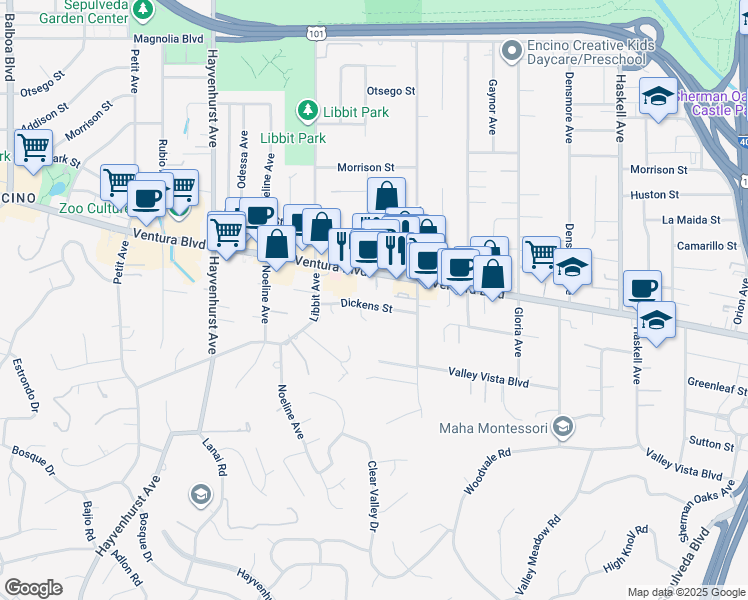 map of restaurants, bars, coffee shops, grocery stores, and more near 16201 Dickens Street in Los Angeles