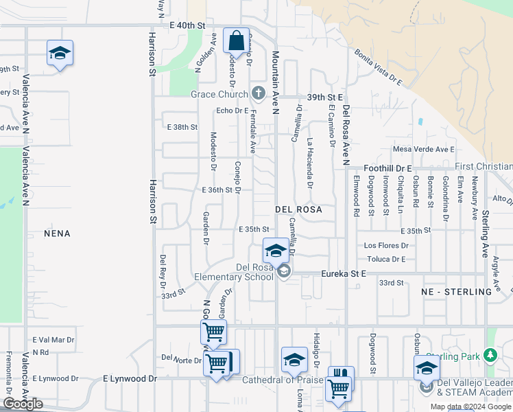 map of restaurants, bars, coffee shops, grocery stores, and more near 3559 Ferndale Avenue in San Bernardino