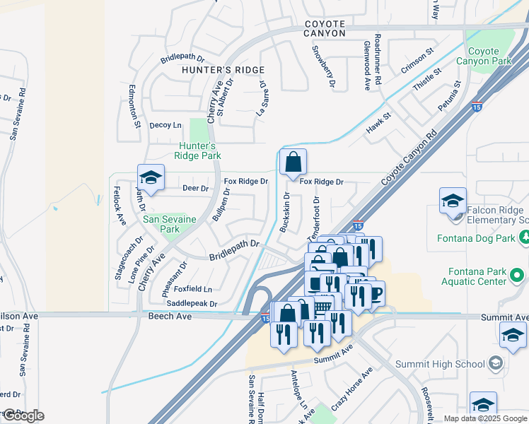 map of restaurants, bars, coffee shops, grocery stores, and more near 5418 Grand Prix Court in Fontana