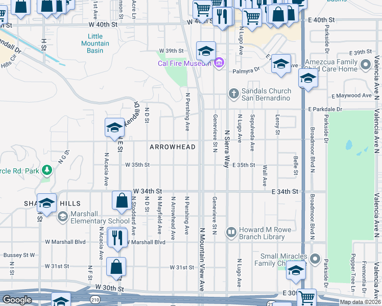 map of restaurants, bars, coffee shops, grocery stores, and more near 3551 North Pershing Avenue in San Bernardino