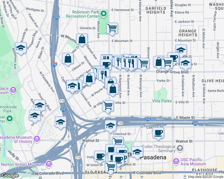 map of restaurants, bars, coffee shops, grocery stores, and more near 538 North Fair Oaks Avenue in Pasadena