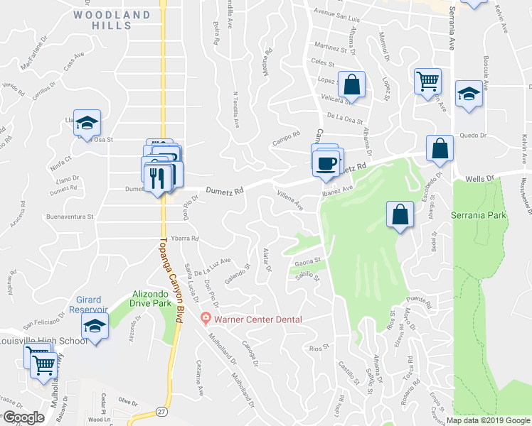 map of restaurants, bars, coffee shops, grocery stores, and more near 21694 Yucatan Avenue in Los Angeles