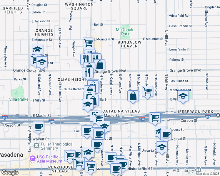 map of restaurants, bars, coffee shops, grocery stores, and more near 555 North Catalina Avenue in Pasadena
