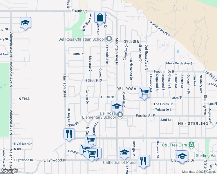 map of restaurants, bars, coffee shops, grocery stores, and more near 3559 Ferndale Avenue in San Bernardino