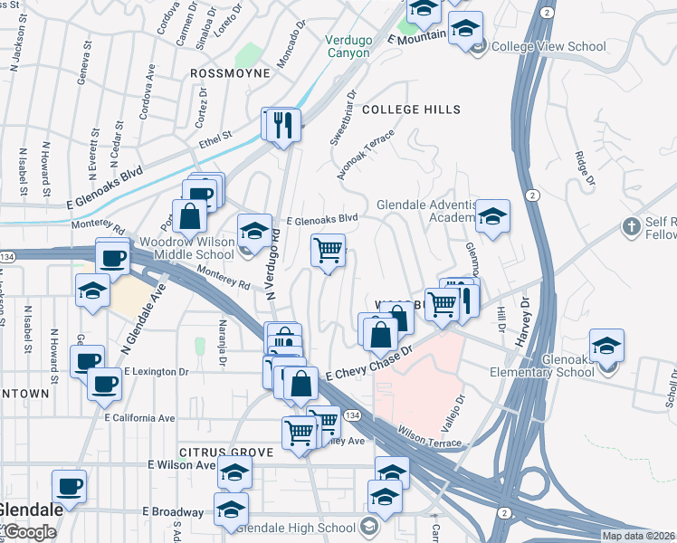 map of restaurants, bars, coffee shops, grocery stores, and more near 641 Canyon Drive in Glendale