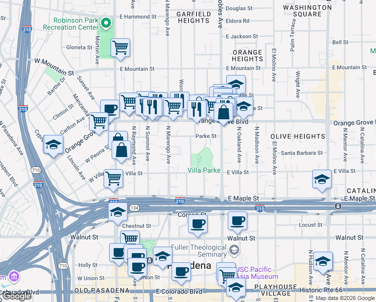 map of restaurants, bars, coffee shops, grocery stores, and more near 591 Garfield Avenue in Pasadena