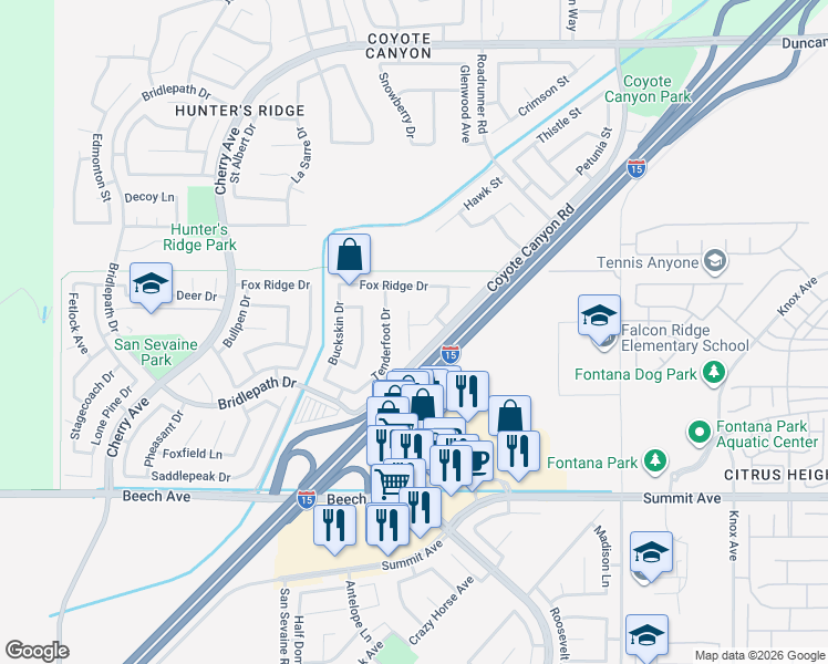 map of restaurants, bars, coffee shops, grocery stores, and more near 5431 Osprey Court in Fontana