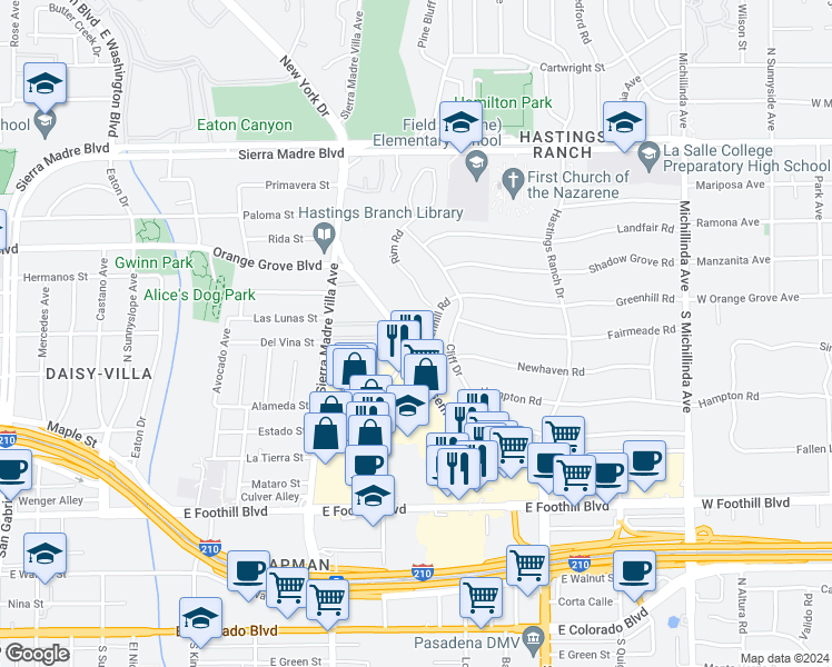 map of restaurants, bars, coffee shops, grocery stores, and more near 470 North Halstead Street in Pasadena