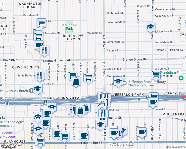 map of restaurants, bars, coffee shops, grocery stores, and more near 519 North Holliston Avenue in Pasadena