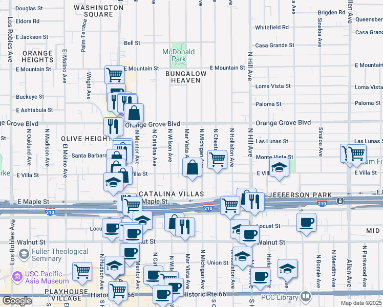 map of restaurants, bars, coffee shops, grocery stores, and more near 516 Mar Vista Avenue in Pasadena