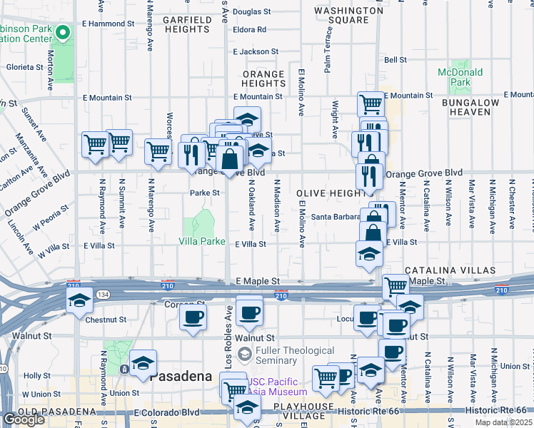 map of restaurants, bars, coffee shops, grocery stores, and more near 532 North Madison Avenue in Pasadena