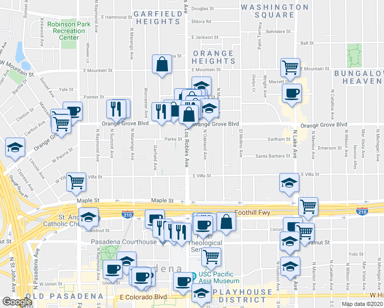 map of restaurants, bars, coffee shops, grocery stores, and more near 519 North Los Robles Avenue in Pasadena