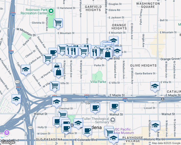 map of restaurants, bars, coffee shops, grocery stores, and more near 587 Garfield Avenue in Pasadena