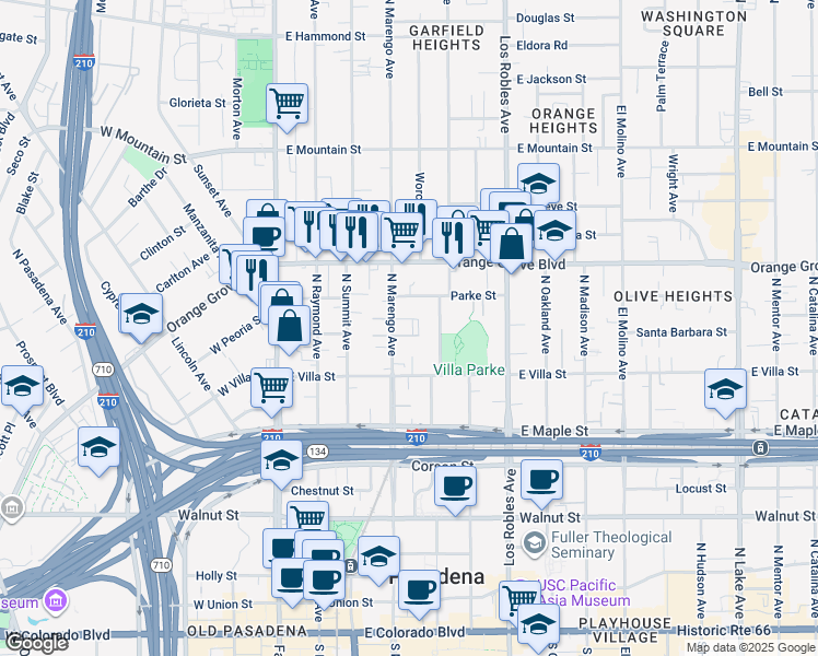 map of restaurants, bars, coffee shops, grocery stores, and more near 527 North Marengo Avenue in Pasadena