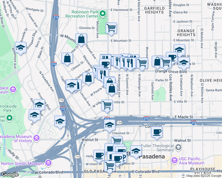 map of restaurants, bars, coffee shops, grocery stores, and more near 538 North Fair Oaks Avenue in Pasadena